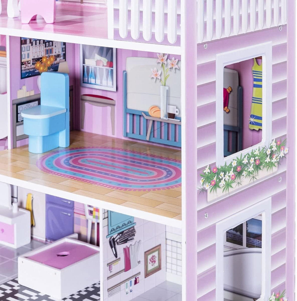 Redsmile Wooden Dollhouse with warm LED Lights, 3-Story Pretend Play Doll House with 16 Furniture and Accessories, DIY Princess Playhouse, Creative Gift for Girls