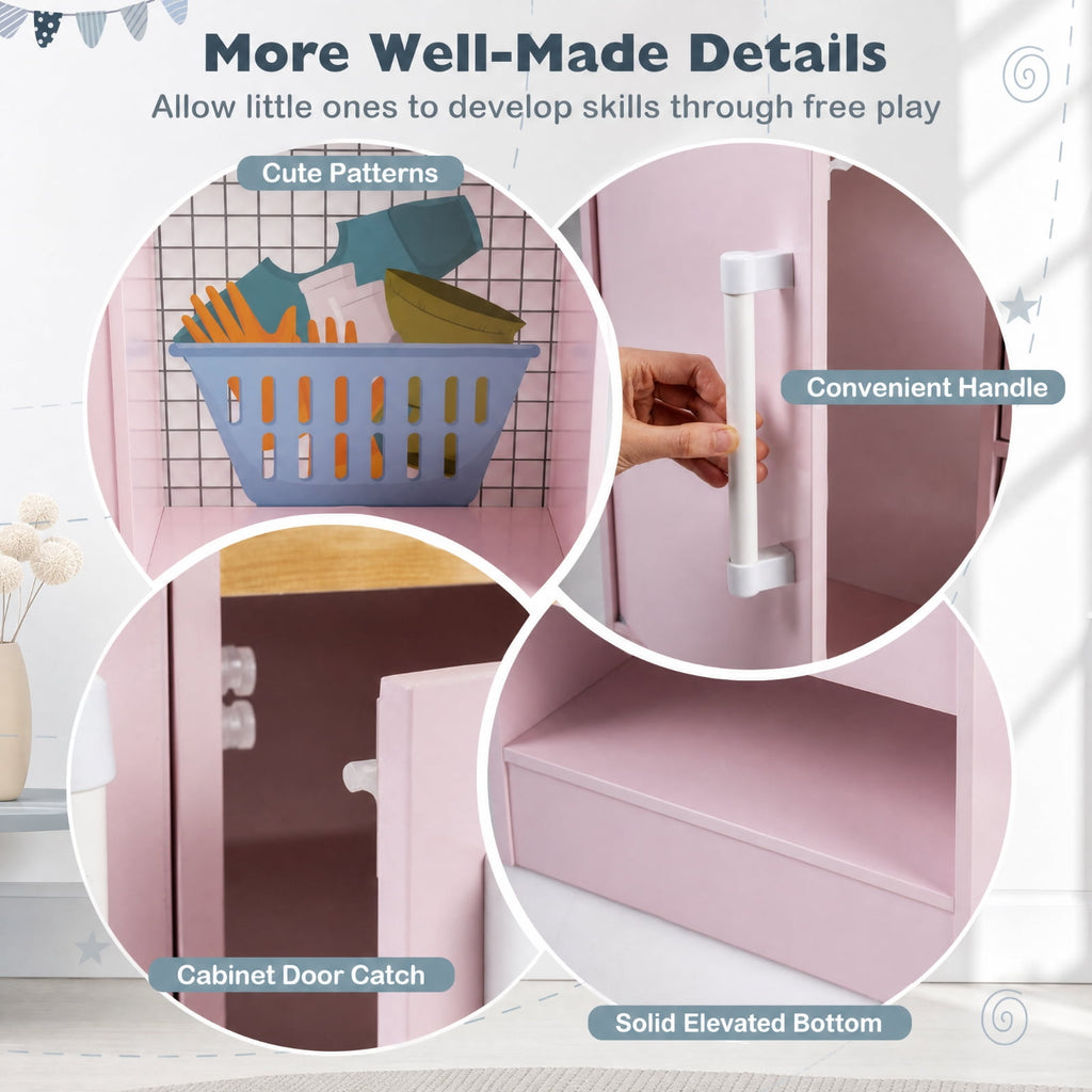 Redsmile Dual-Sided Kids Play Kitchen Set for Toddlers 3+ Years, Pretend Play Kitchen with Luminous Range Hood, Water Dispenser, Interactive Stove and Cooking Utensils, Christmas Gift, Pink