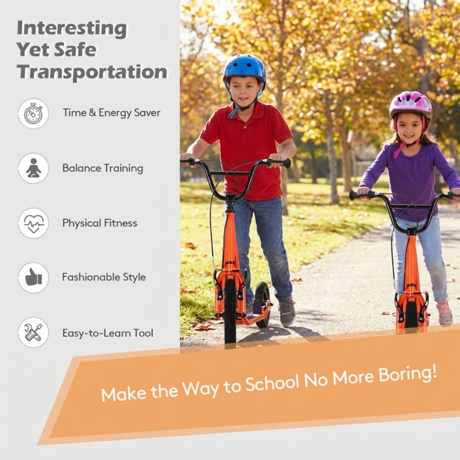 Redsmile Kids Scooter with 12 Inch Air Wheel, Height Adjustable Kick Scooter Holds 165 lb for Big Kids and Teens, Orange