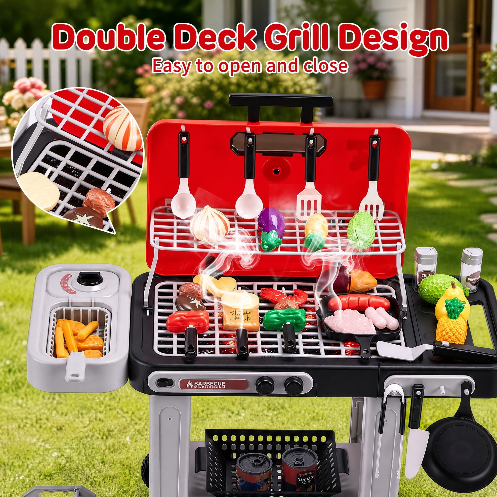 Redsmile Kids BBQ Grill Toy with Spray Light and Sound, Color-Changing Play Food Set, Pretend Play Kitchen Toy for Boys Girls