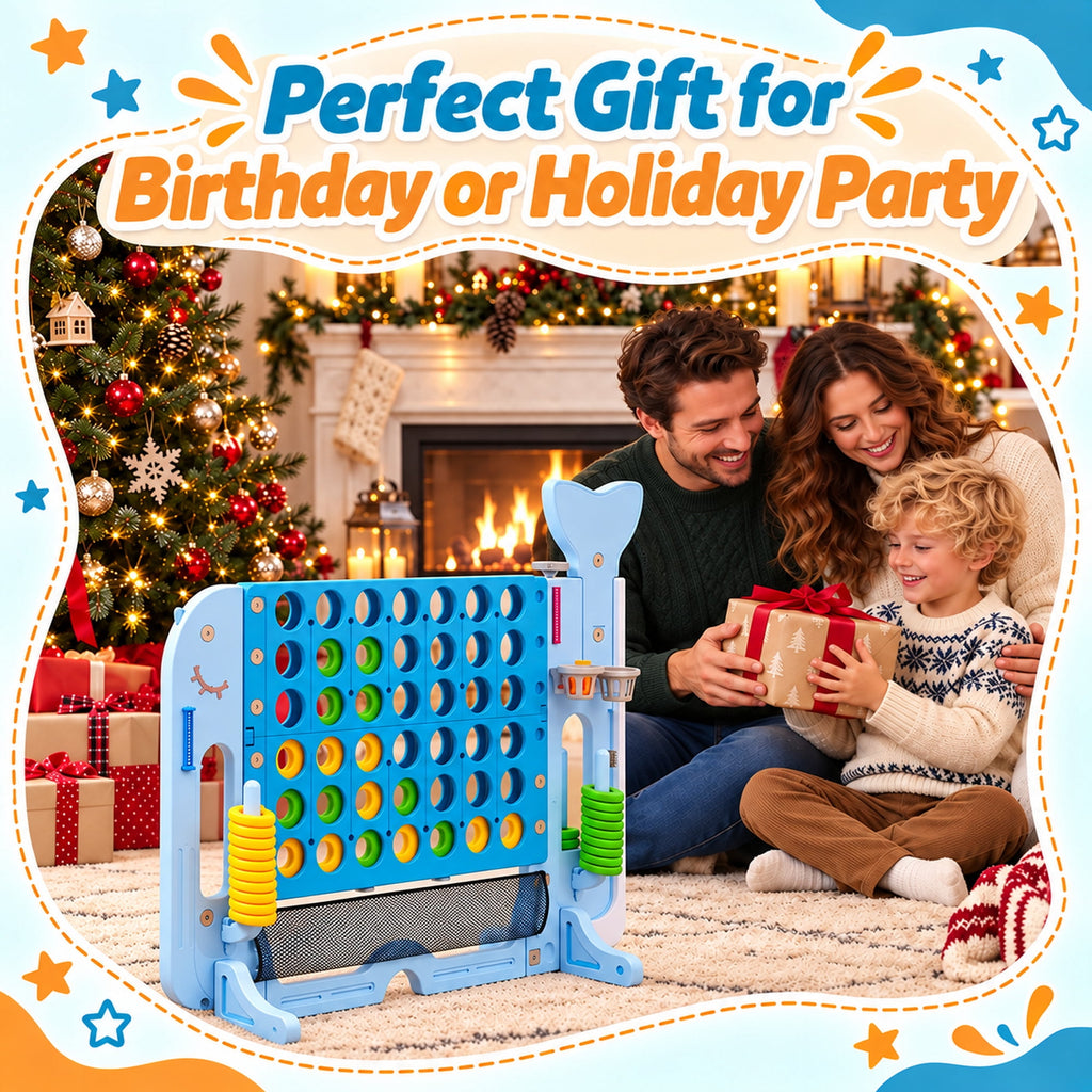 Redsmile Giant 4 in a Row Yard Game Set, 4-in-1 Outdoor Games for Kids and Adults with Basketball Hoop, Golf and Ring Toss, Adjustable Height Lawn Game for Backyard Party, Blue