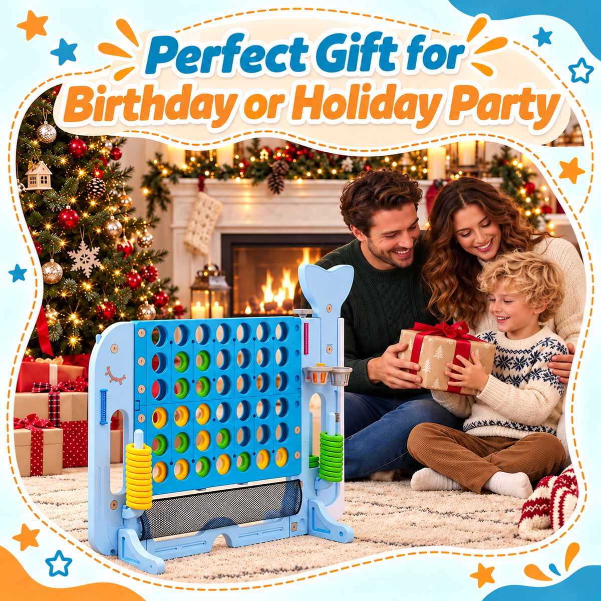 Redsmile Giant 4 in a Row Yard Game Set, 4-in-1 Outdoor Games for Kids and Adults with Basketball Hoop, Golf and Ring Toss, Adjustable Height Lawn Game for Backyard Party, Blue