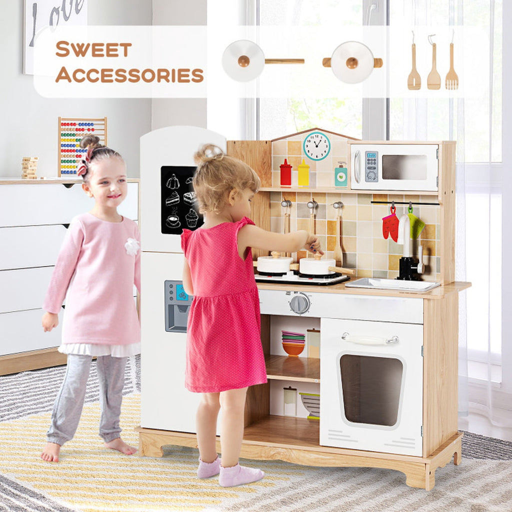 Redsmile Play Kitchen,Wooden Kids Kitchen Playset with Ice Maker,Oven,Realistic Lights and Sounds,Pretend Play Toy Kitchen,Gift for Girls Boys Ages 3-10,White