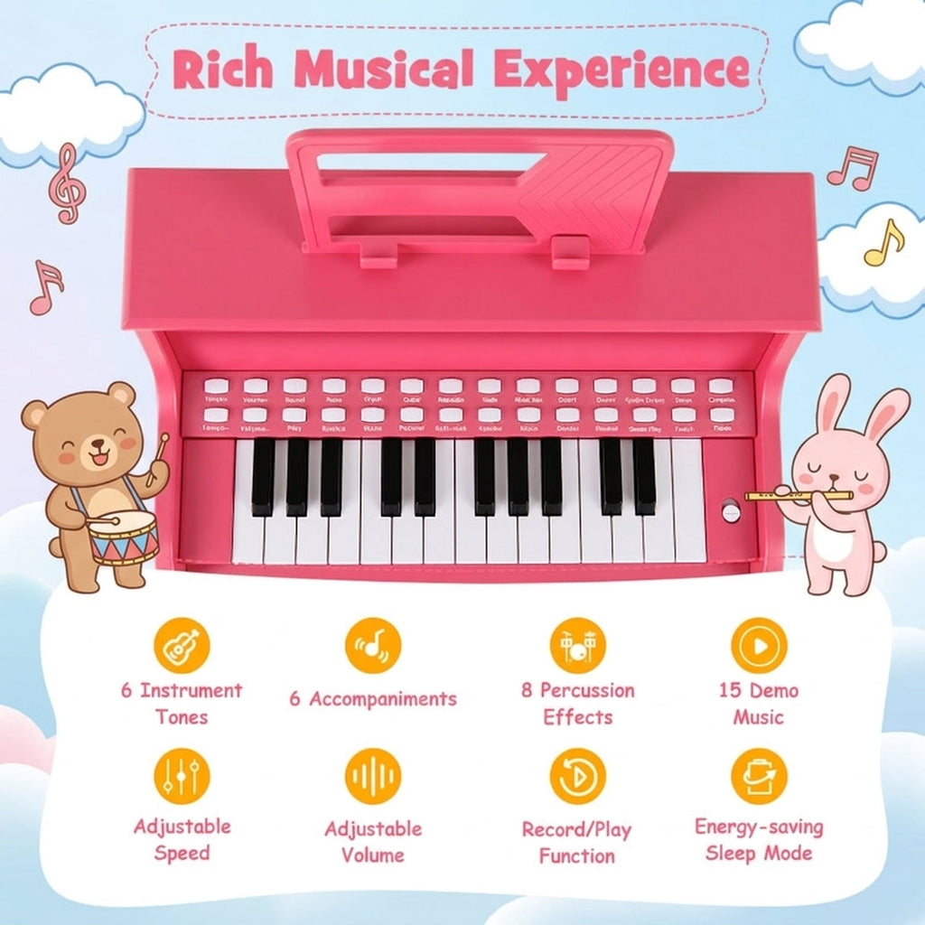 Redsmile 25-Key Kids Piano Keyboard with Wooden Cabinet and Music Stand for Kids and Toddlers Age 3 and Up to Start Learning, Pink