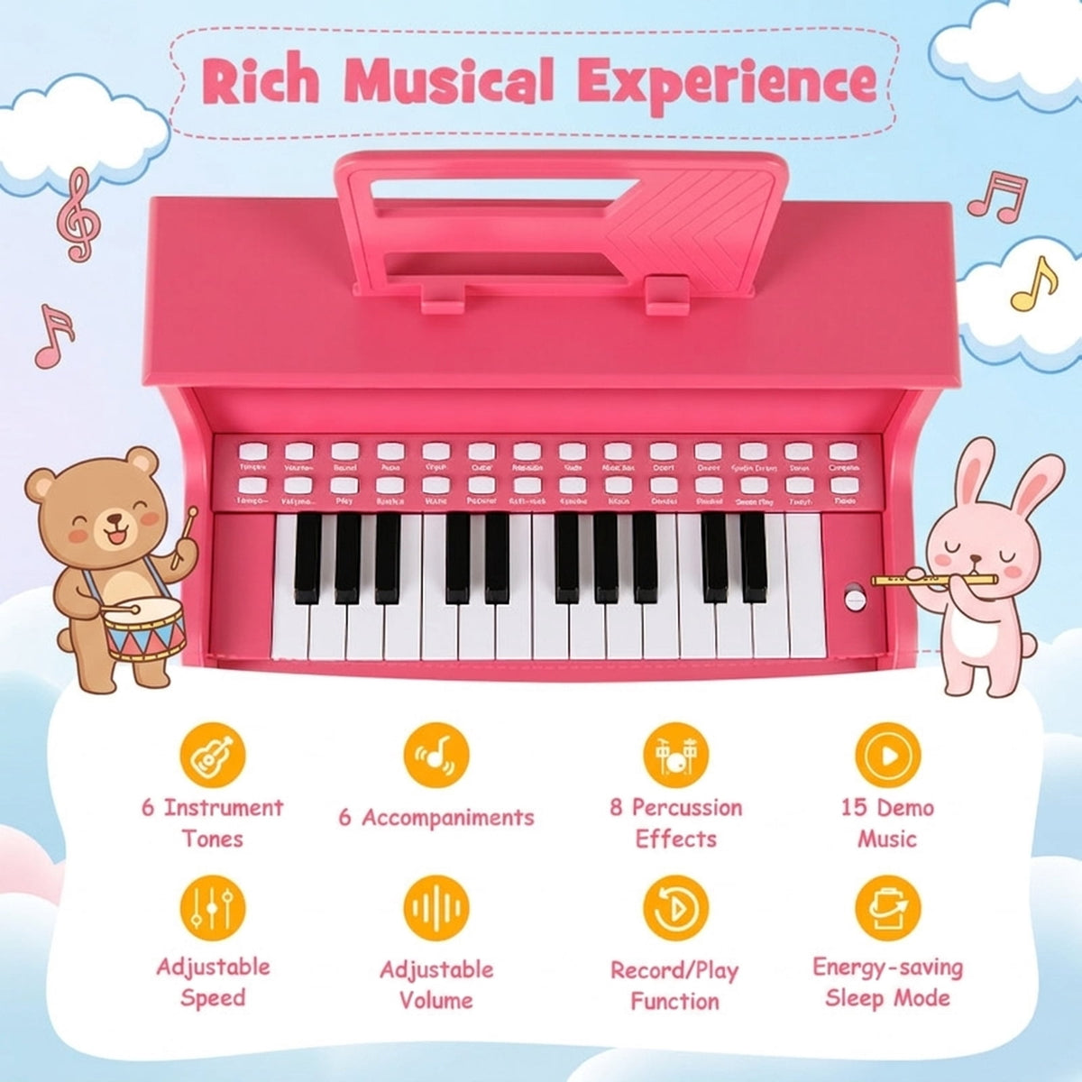 Redsmile 25-Key Kids Piano Keyboard with Wooden Cabinet and Music Stand for Kids and Toddlers Age 3 and Up to Start Learning, Pink