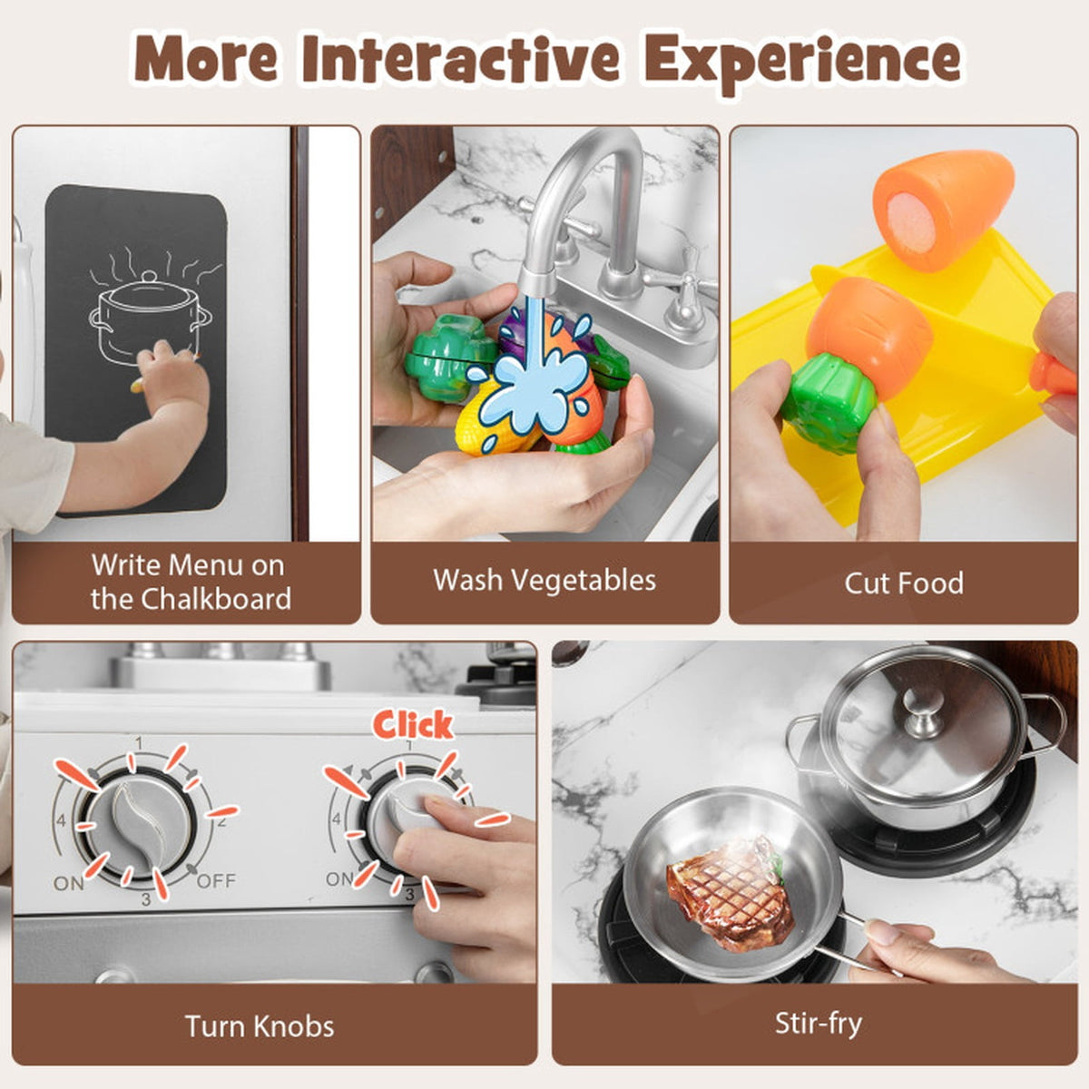 Redsmile Modern Kids Play Kitchen with Lights and Sounds, Wooden Pretend Play Kitchen Set with Ice Maker Chalkboard Fabric Drawers and 13 Accessories, Toddler Playset for Ages 3+, Coffee