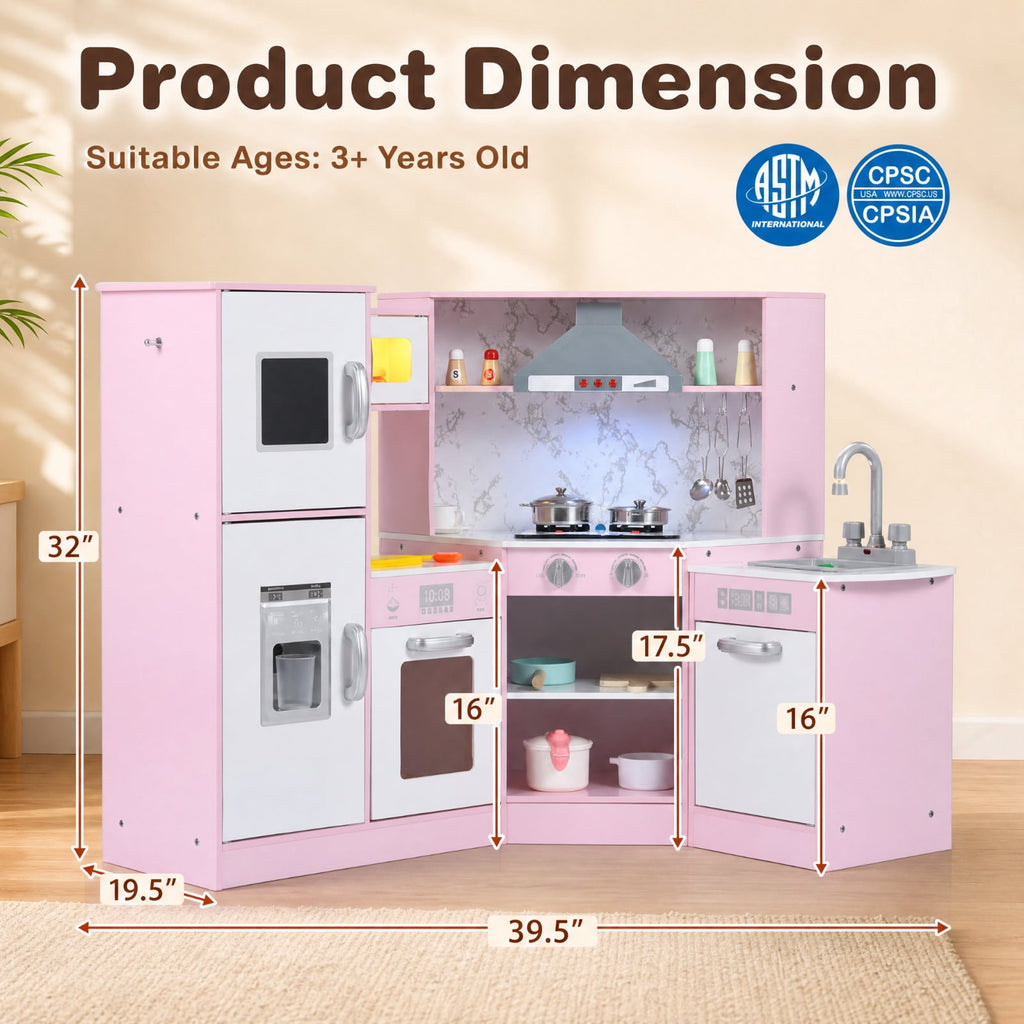 Redsmile Kids Corner Play Kitchen Set for Toddlers 3+ Years, Pretend Play Kitchen with Separated Washing Basin, Rotary Faucet, Sound and Light Range Hood, Chalkboard and 14 Accessories, Pink