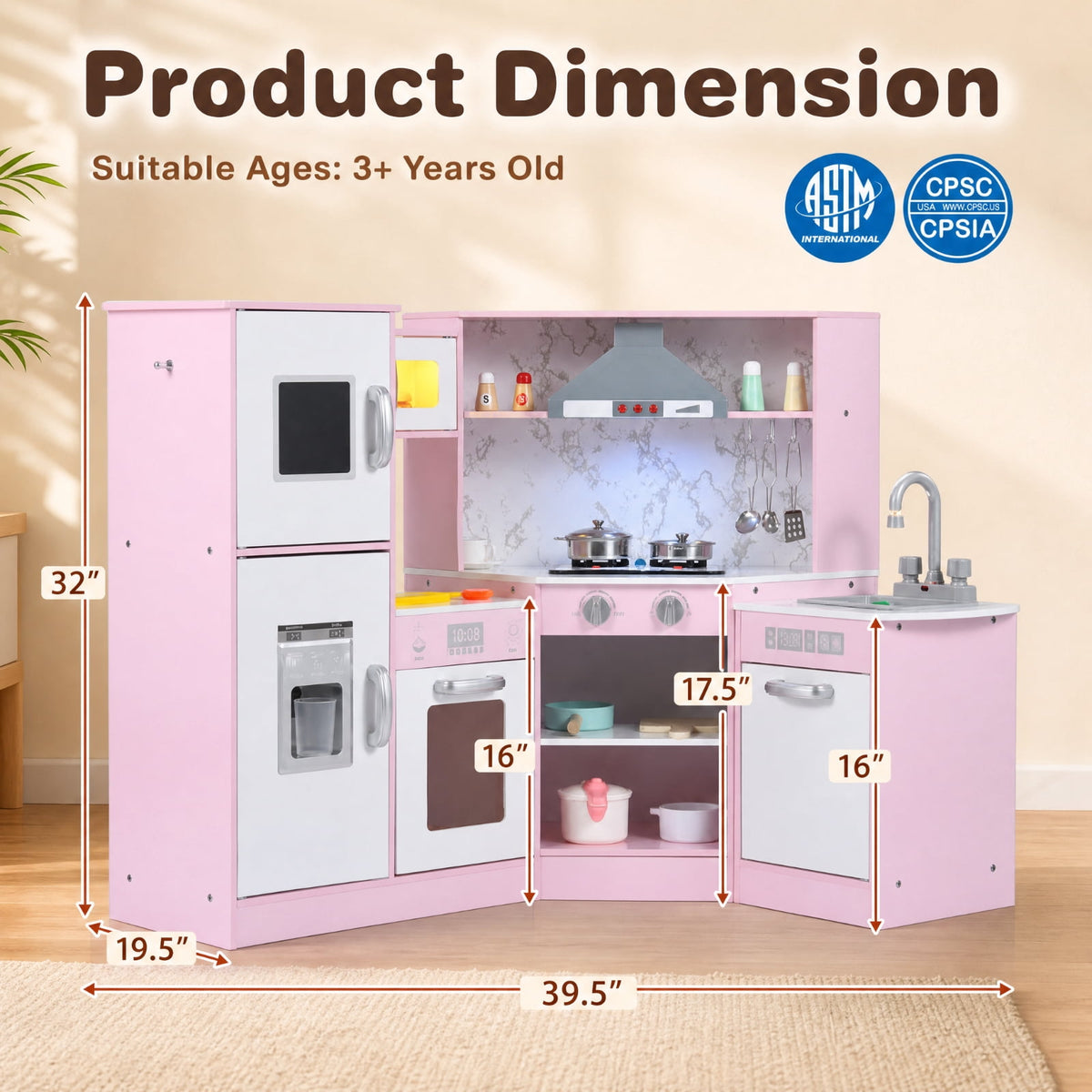 Redsmile Kids Corner Play Kitchen Set for Toddlers 3+ Years, Pretend Play Kitchen with Separated Washing Basin, Rotary Faucet, Sound and Light Range Hood, Chalkboard and 14 Accessories, Pink