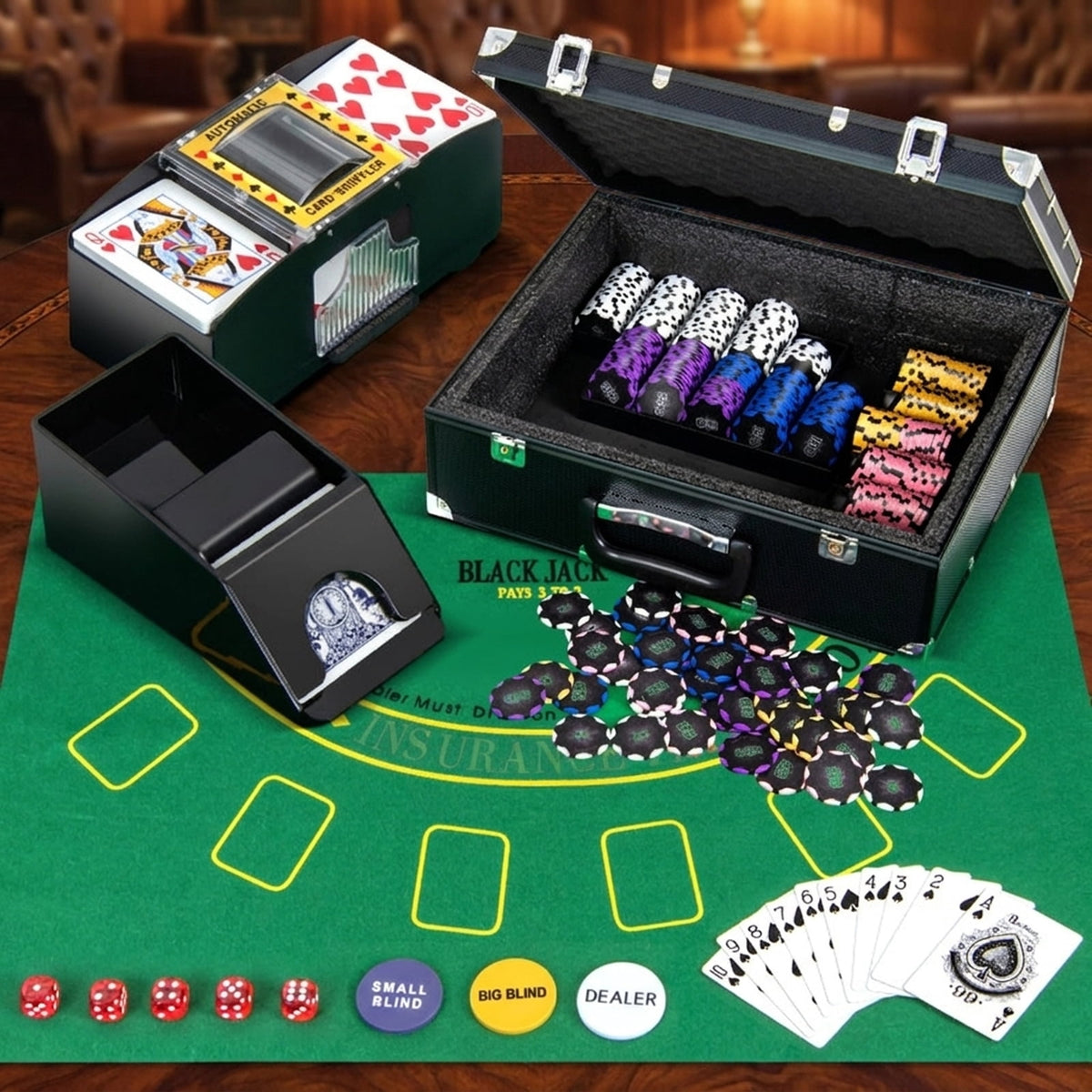 Redsmile 300-Piece 14 Gram Poker Chip Set, Casino Poker Chips with Aluminum Case, Card Shuffler, 2 Decks, Dices and Dealer Buttons for Texas Holdem Blackjack, Home Game Night, Black