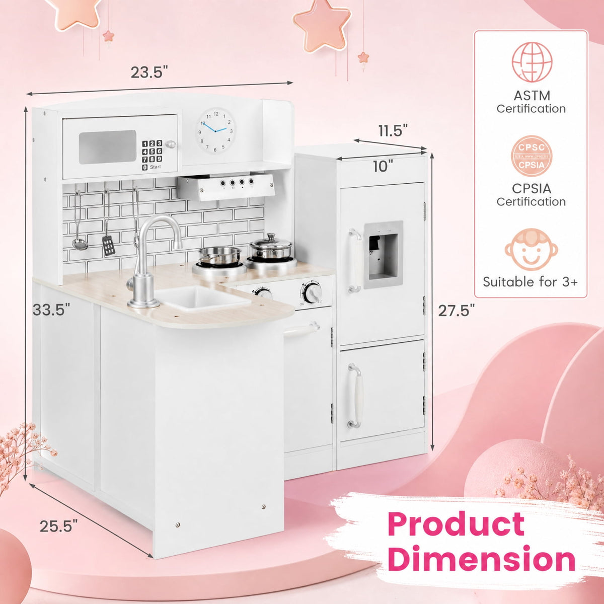 Redsmile Kids Play Kitchen Set for Toddlers 3+ Years, L-Shaped Corner Pretend Play Kitchen with Realistic Microwave, Oven, Stove, Water Dispenser, Range Hood and Side Refrigerator, White