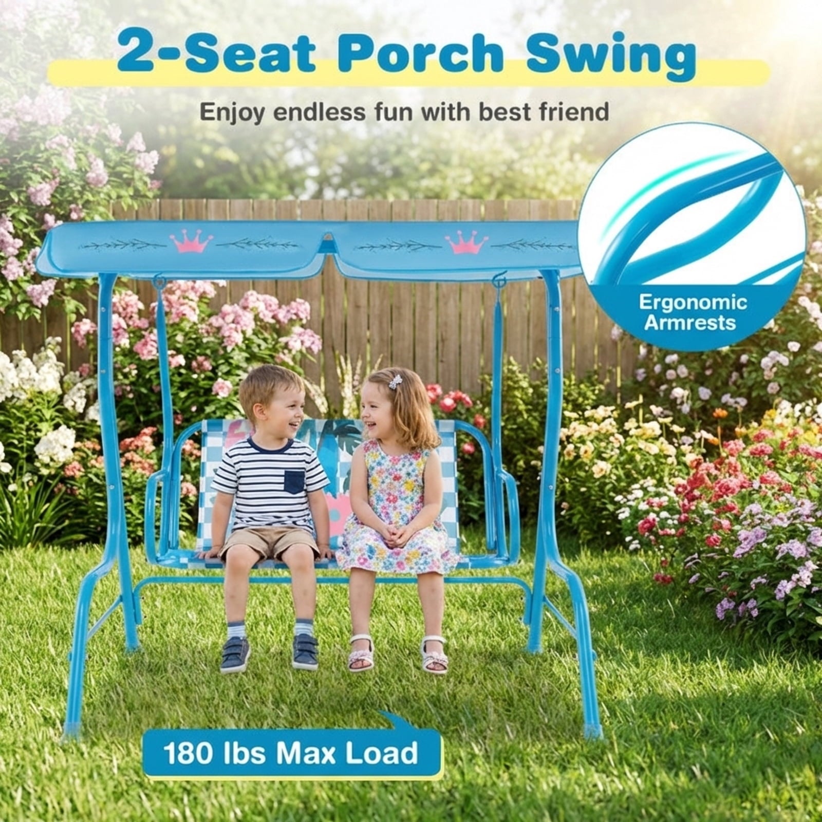 Redsmile 2-Seater Kids Patio Swing with Metal Stand and Adjustable Canopy - Navy Blue - Backyard Play