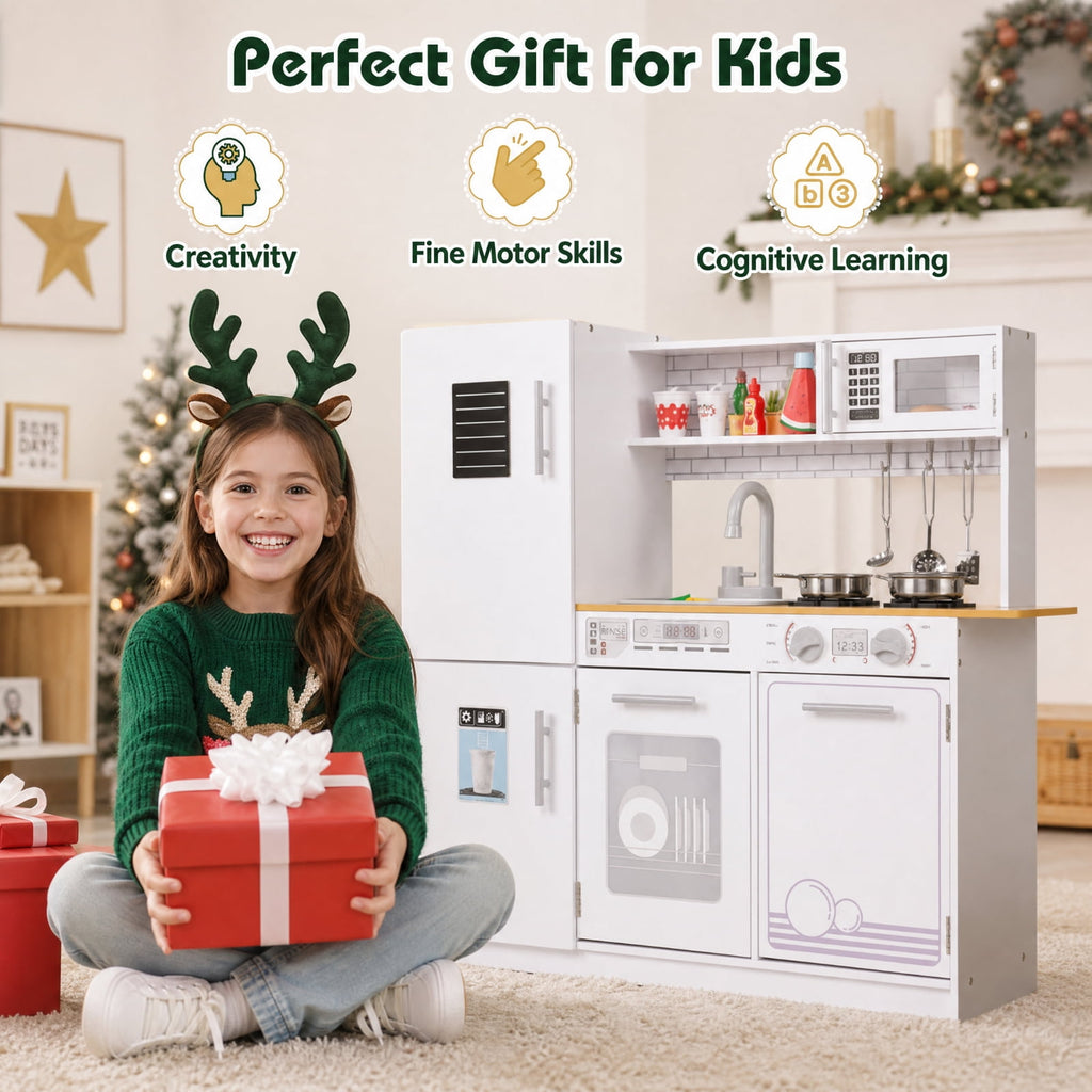 Redsmile Toddler Pretend Play Kitchen Set for Boys and Girls 3+ Years, Kids Kitchen Playset with Removable Sink, Stove, Microwave, Oven, Water Dispenser, Blackboard and Cookware, Gift, White