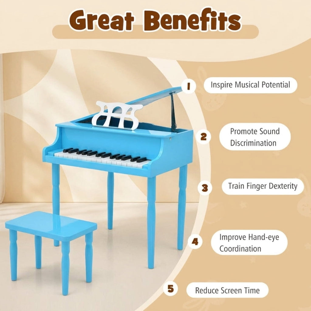 Redsmile 30-Key Wooden Kids Grand Piano Toy with Bench and Music Rack for Toddlers and Beginners, Multicolor