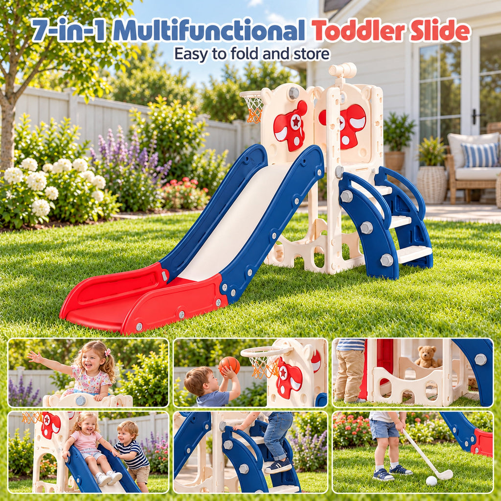 Redsmile 7-in-1 Toddler Slide and Climber Set with Basketball Hoop, Golf Set and Telescope, Foldable Indoor Outdoor Kids Slide Playset for Backyard and Playroom