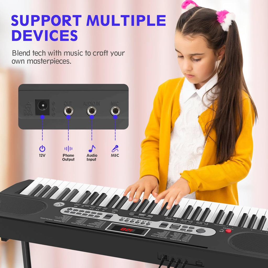 Redsmile 61 Key Piano Keyboard with Lighted Keys Stand Bench Microphone Headphone and Built-in Speakers for Beginners, Black