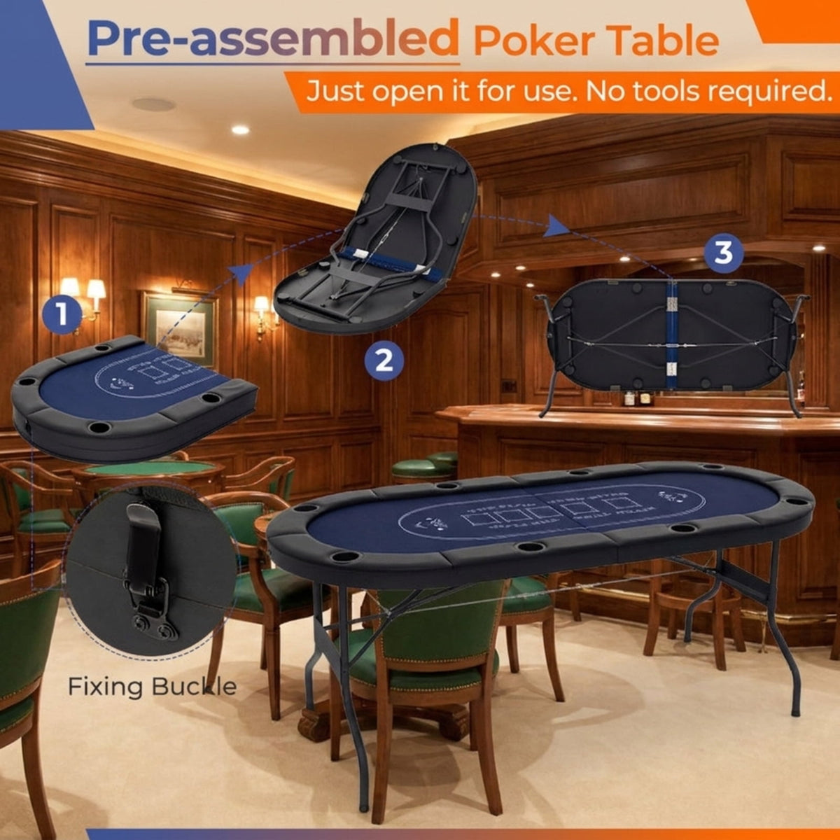 Redsmile 72 Inch Foldable Poker Table for 8 Players, Portable Oval Card Game Table with 8 Cup Holders, Folding Poker Table with PU Leather Armrests for Home Party Camping, Black and Blue