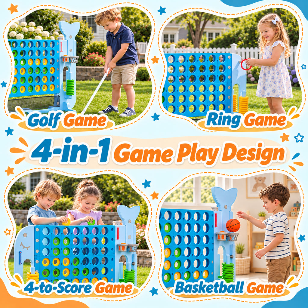 Redsmile Giant 4 in a Row Yard Game Set, 4-in-1 Outdoor Games for Kids and Adults with Basketball Hoop, Golf and Ring Toss, Adjustable Height Lawn Game for Backyard Party, Blue