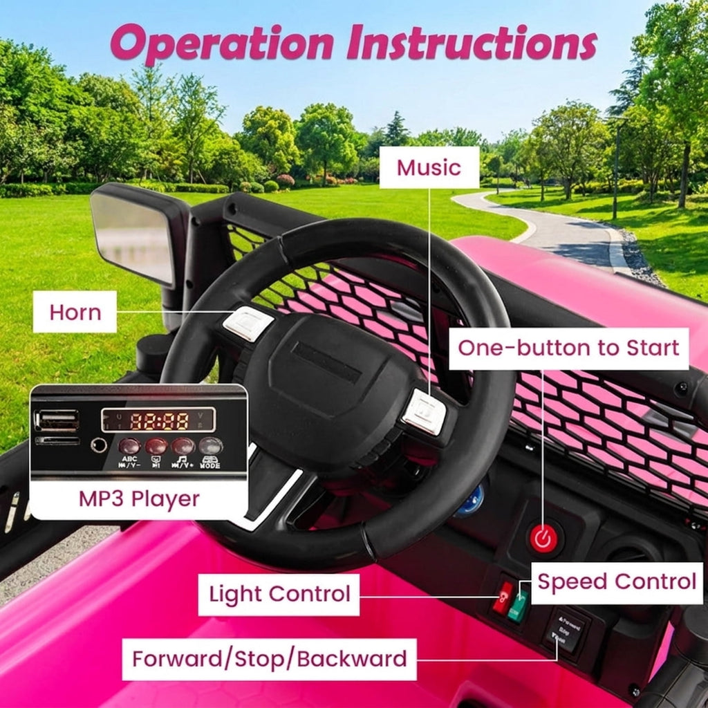 Redsmile 12V Kids Ride On Truck with Parental Remote Control, Battery Powered Electric Pickup with LED Headlights, Seat Belt, Lockable Doors, USB AUX, Spring Suspension Wheels, Pink