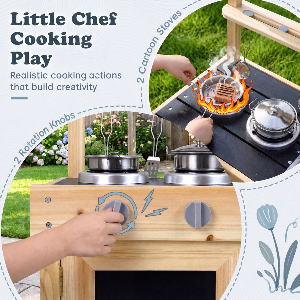Redsmile Mud Kitchen for Kids Outdoor with 2 Removable Sinks, Fir Wood Play Kitchen Set with Water Box Faucet 2 Stoves and 5 Kitchenware, Toddler Backyard Playset for Ages 3+, Natural