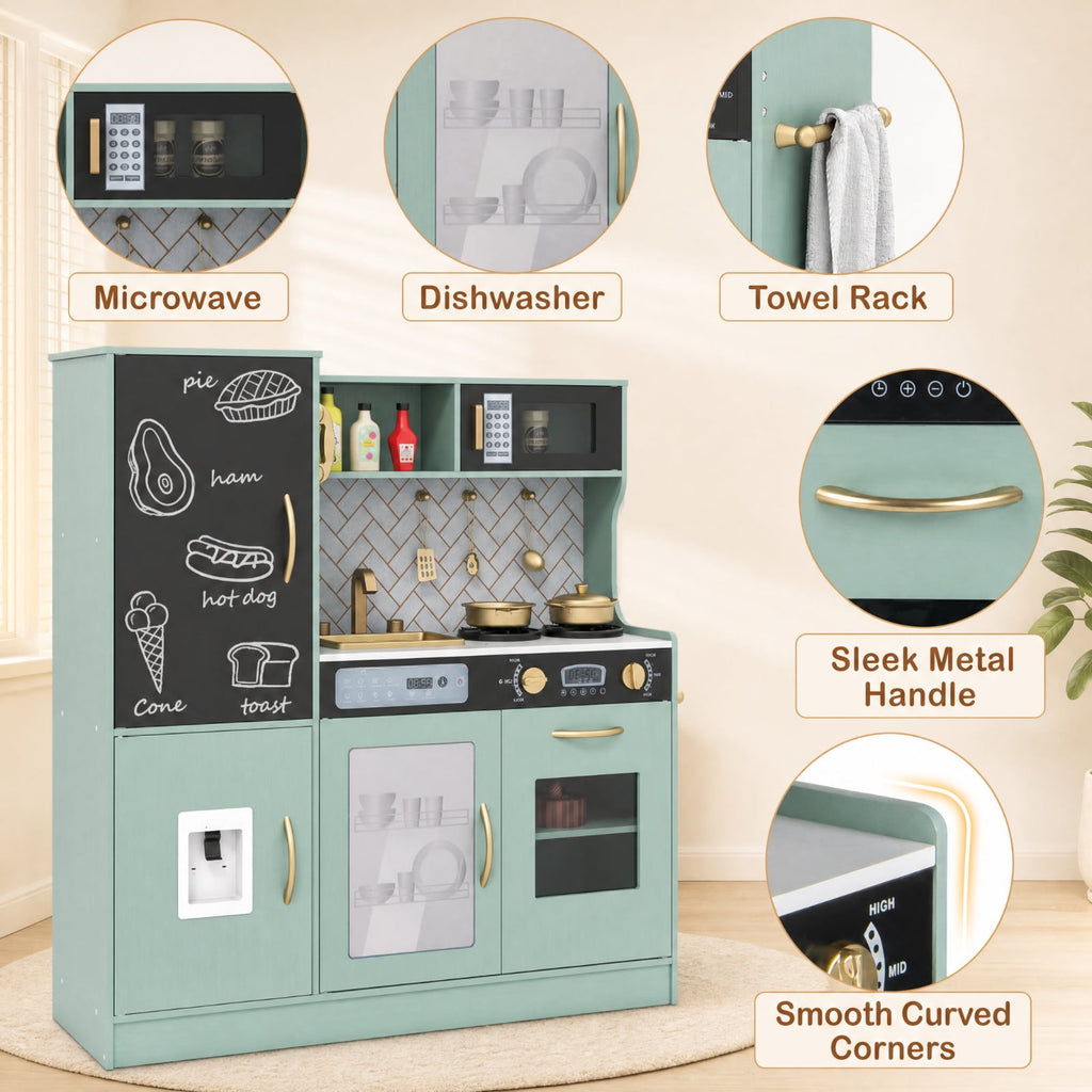 Redsmile Pretend Play Kitchen for Kids with Lights and Sounds, Wooden Play Kitchen Set with Dishwasher Oven Microwave Sink Faucet Water Dispenser and Utensils, Toddler Playset, Green