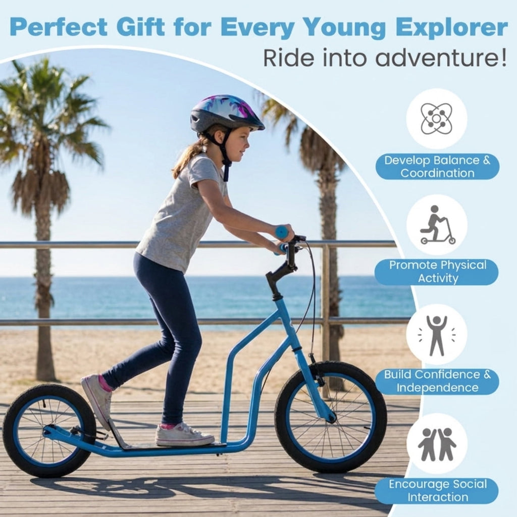 Redsmile Kids Scooter for Ages 8 and Up, Youth Scooter with 16/14 Inch Inflatable Wheels and Adjustable Handlebar, Big Wheel Scooter, Blue