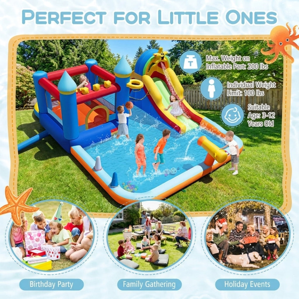 Redsmile Inflatable Water Slide Park Bouncy Castle with Climbing Wall, Backyard Water Slide with Splash Pool, Water Cannon and Basketball Rim for Kids Ages 3-12, with Blower