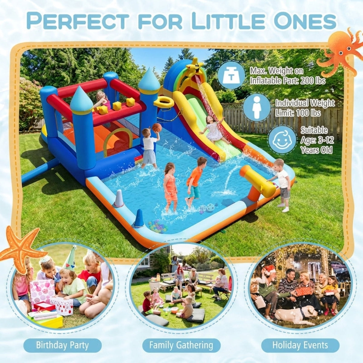 Redsmile Inflatable Water Slide Park Bouncy Castle with Climbing Wall, Backyard Water Slide with Splash Pool, Water Cannon and Basketball Rim for Kids Ages 3-12, with Blower