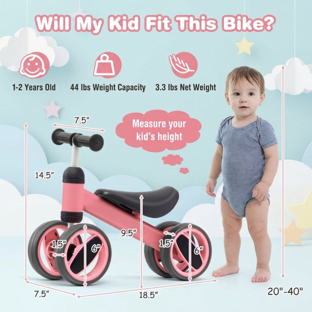 Redsmile Baby Balance Bike for 1-2 Year Olds, 4 Wheel No Pedal Toddler Training Bike, Lightweight First Balance Bike, Pink