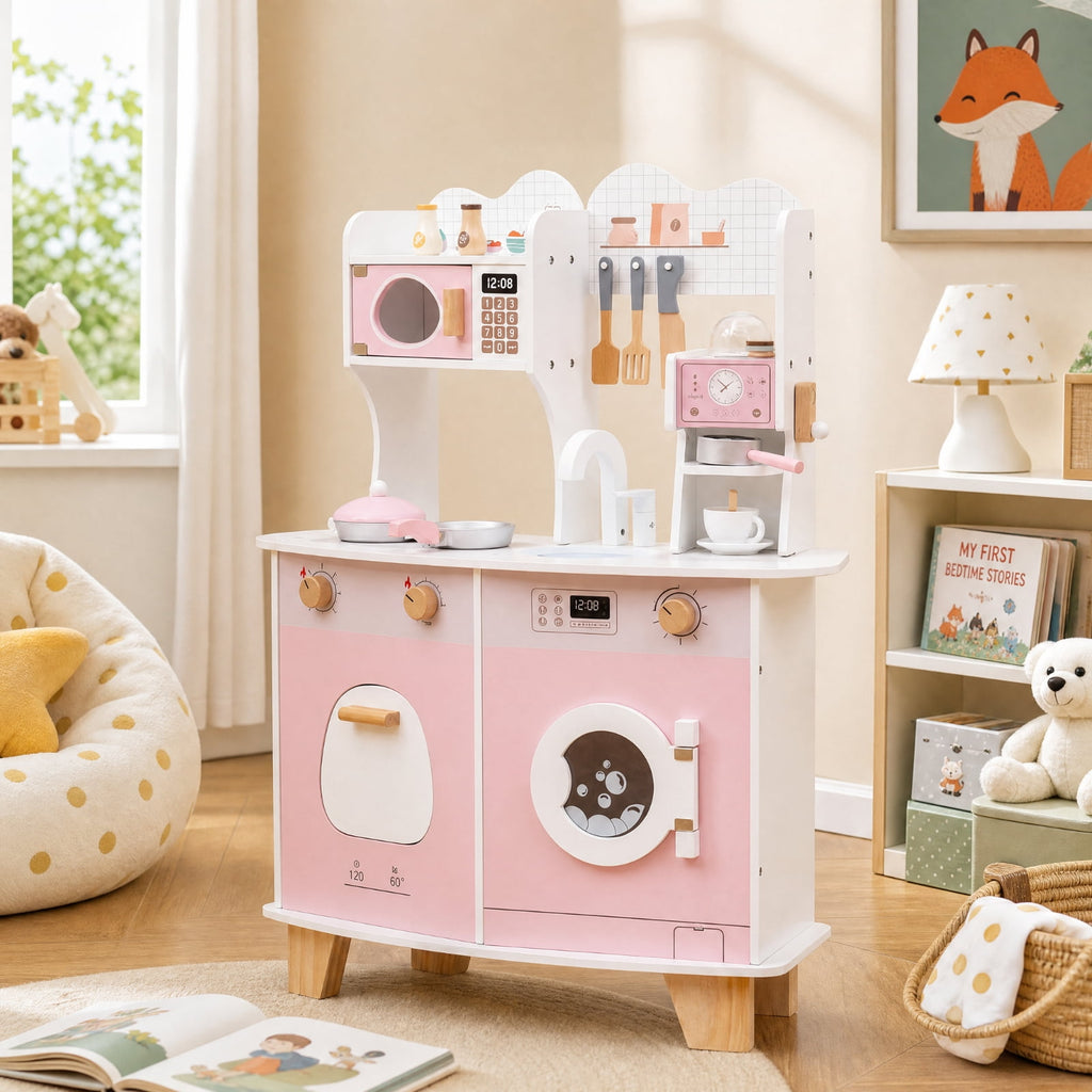 Redsmile Wooden Kids Kitchen Playset for Toddlers 3+ Years, Pretend Play Kitchen with Coffee Maker, Microwave, Oven, Stove, Sink and Washing Machine, Click-Sound Knobs, Christmas Gift, Pink