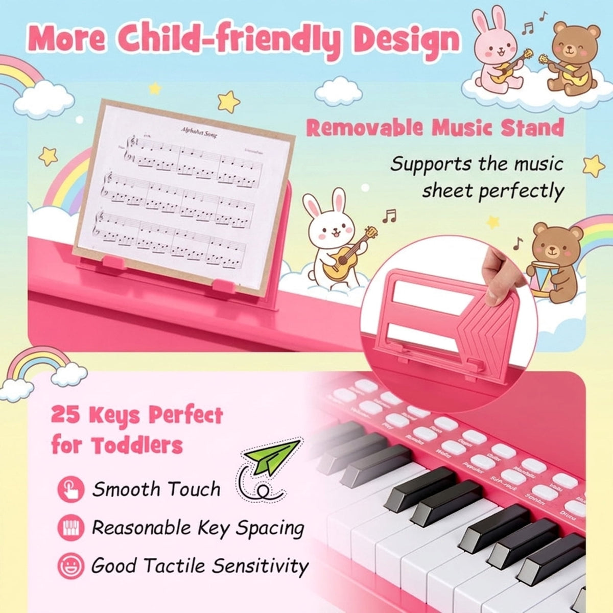 Redsmile 25-Key Kids Piano Keyboard with Wooden Cabinet and Music Stand for Kids and Toddlers Age 3 and Up to Start Learning, Pink