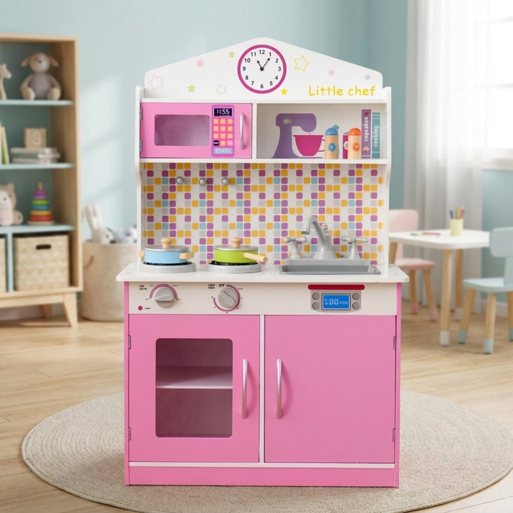 Redsmile Wooden Play Kitchen for Kids, Pretend Cooking Playset with Cookware Accessories, Toddler Kitchen Toy, Pink