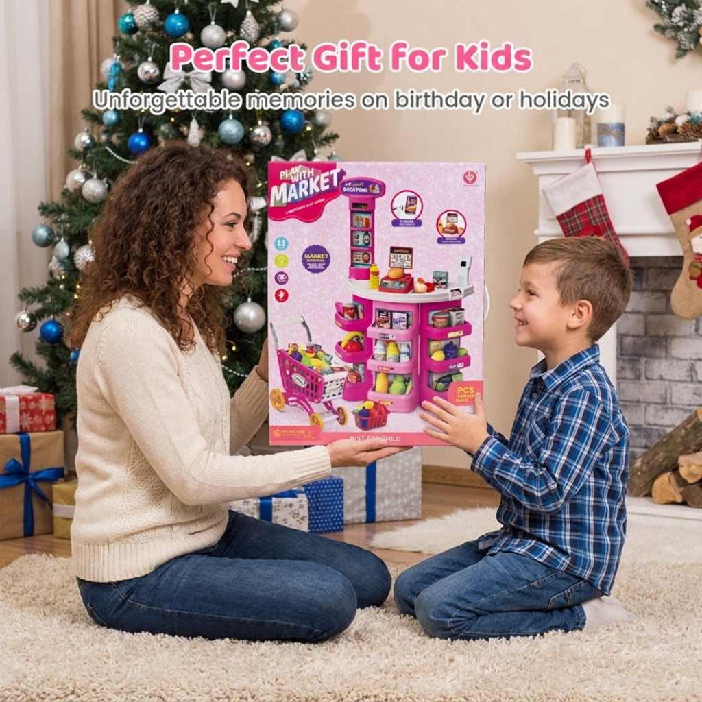 Redsmile Supermarket Playset for Kids 76 PCS Pretend Play Grocery Store Set with Shopping Cart, Pink