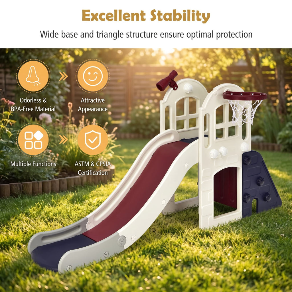 Redsmile 6-In-1 Large Slide for Kids Toddler Climber Slide Playset with Basketball Hoop for Kids 3+ Years Old, Blue