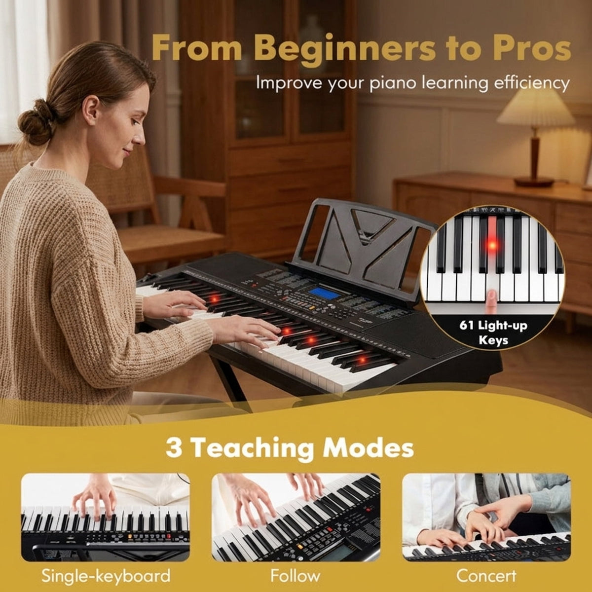 Redsmile 61-Key Electronic Keyboard Piano with Stand, Stool, Microphone and Lighted Keys, Complete Beginner Digital Piano Set for All Ages