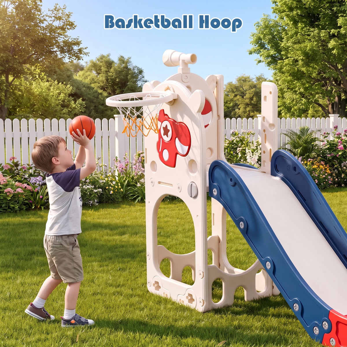 Redsmile Toddler Slide Playset with Climbing Steps, Basketball Hoop, Telescope and Golf Accessories for Indoor Outdoor Play
