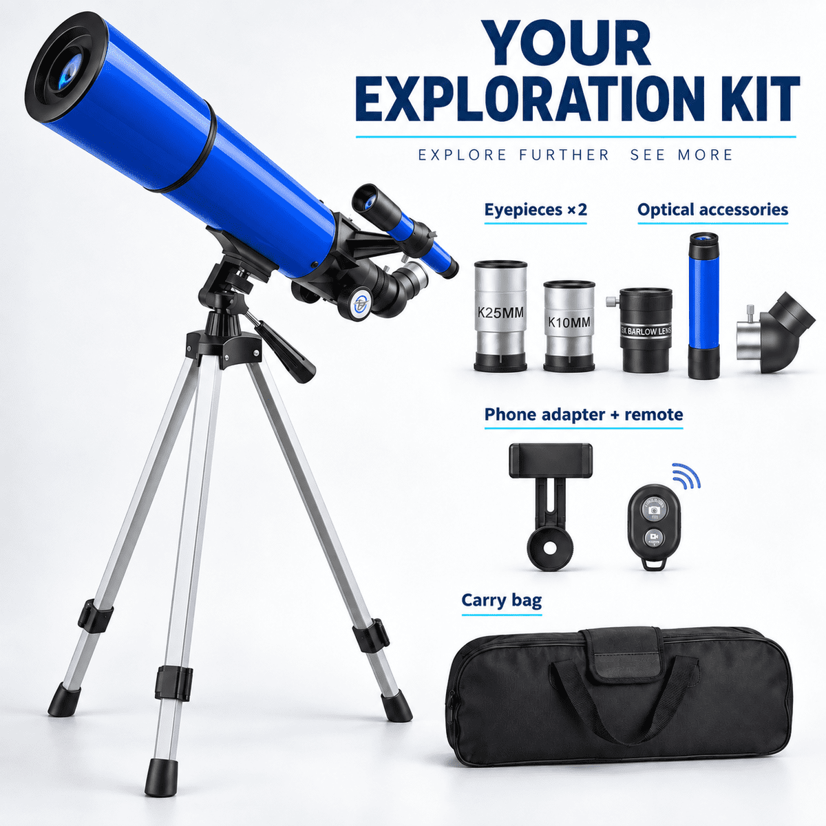 Redsmile Telescope for Adults and Kids, 80mm Aperture 500mm Refractor Telescope for Beginners, High Powered 20x to 50x Astronomy Optics, AZ Mount Tripod, Portable for Moon, Stargazing, Birding, Blue