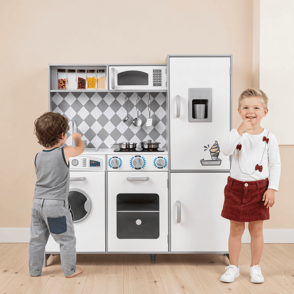 Redsmile Play Kitchen,Wooden Kids Kitchen Playset Washing Machine, Oven, Ice Maker with Realistic Lights and Sounds,Pretend Play Toy Kitchen Gift for Girls Boys Ages 3-10,White