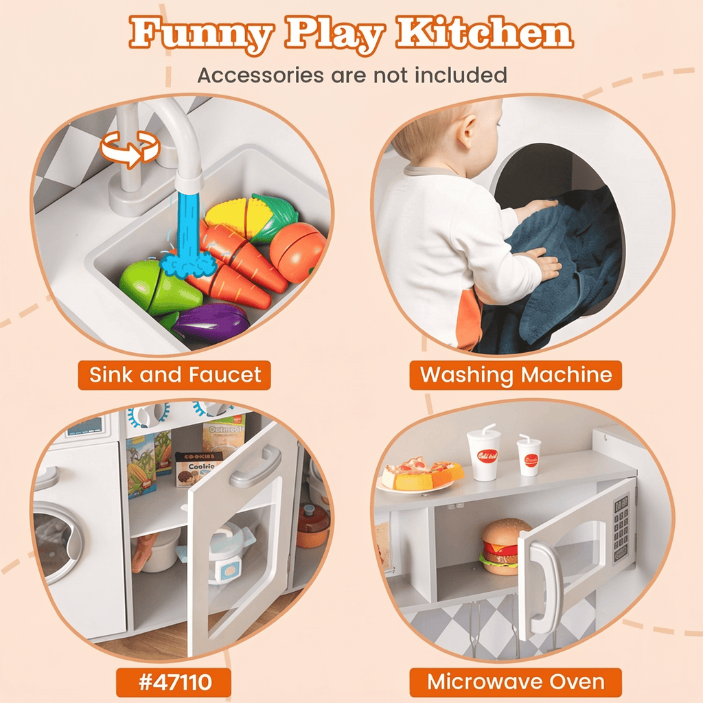 Redsmile Play Kitchen,Wooden Kids Kitchen Playset Washing Machine, Oven, Ice Maker with Realistic Lights and Sounds,Pretend Play Toy Kitchen Gift for Girls Boys Ages 3-10,White
