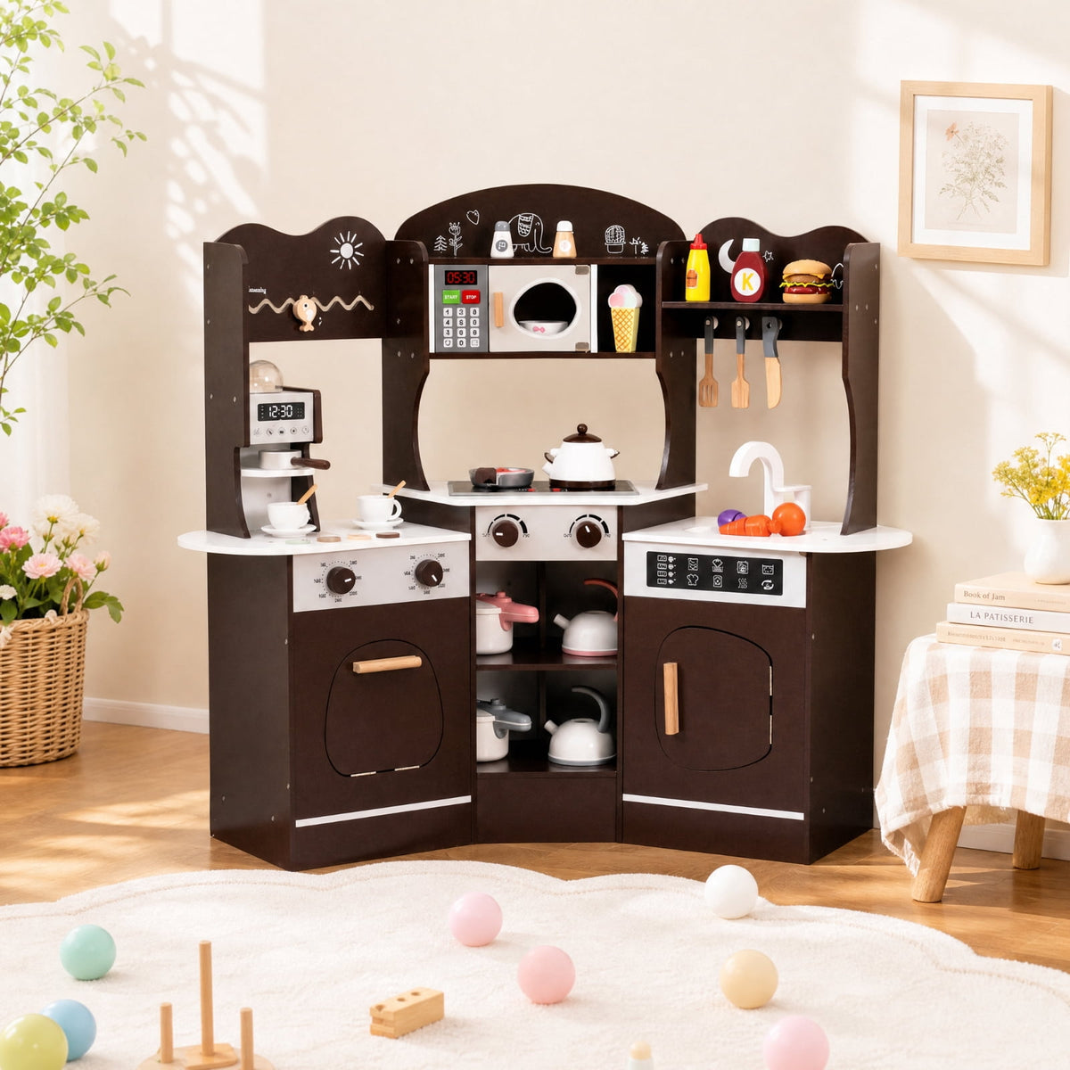 Redsmile Corner Wooden Play Kitchen Set for Kids 3+ Years, Pretend Play Kitchen with Coffee Machine, Slide, Light-Up Microwave, Stoves, Washing Machine and 20 Accessories, Brown