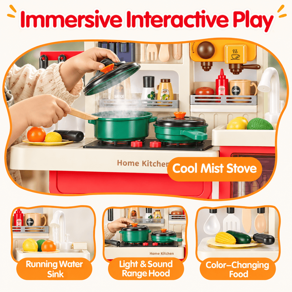 Redsmile Play Kitchen Set with Interactive Menu, Steam Stove, Ice Coffee Maker, Lights, Sounds Music, Apron Set and Food Cards,Pretend Play Toys Gifts for Kids,Red