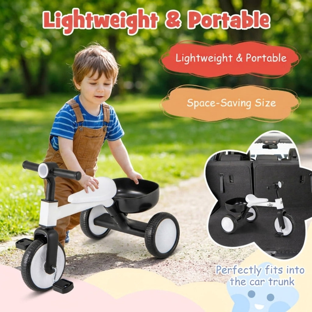Redsmile Toddler Tricycle for 2-4 Year Olds, Convertible Trike with 86 Degree Limited Steering and Storage Basket, Kids First Trike, White