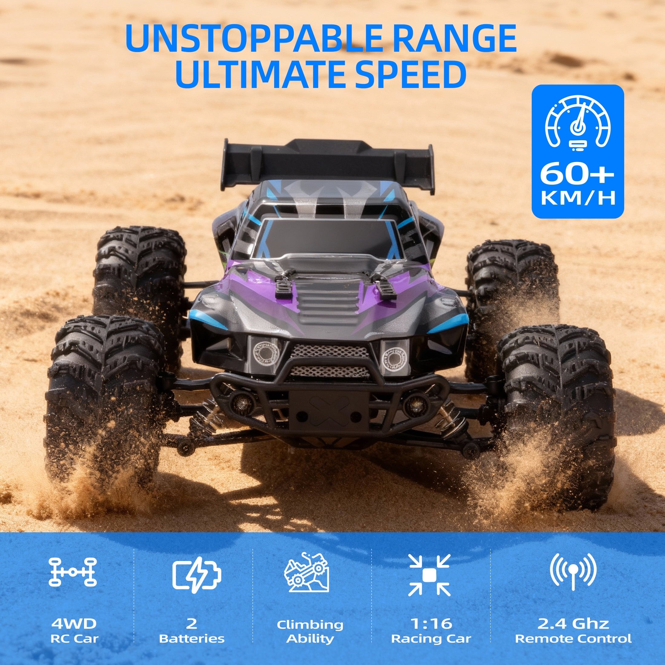 Redsmile 1:16 Fast RC Cars, 37 MPH 4WD Off-Road Remote Control Car Truck with All-Terrain Tires and 2 Batteries, Toys Gift for Children and Kids