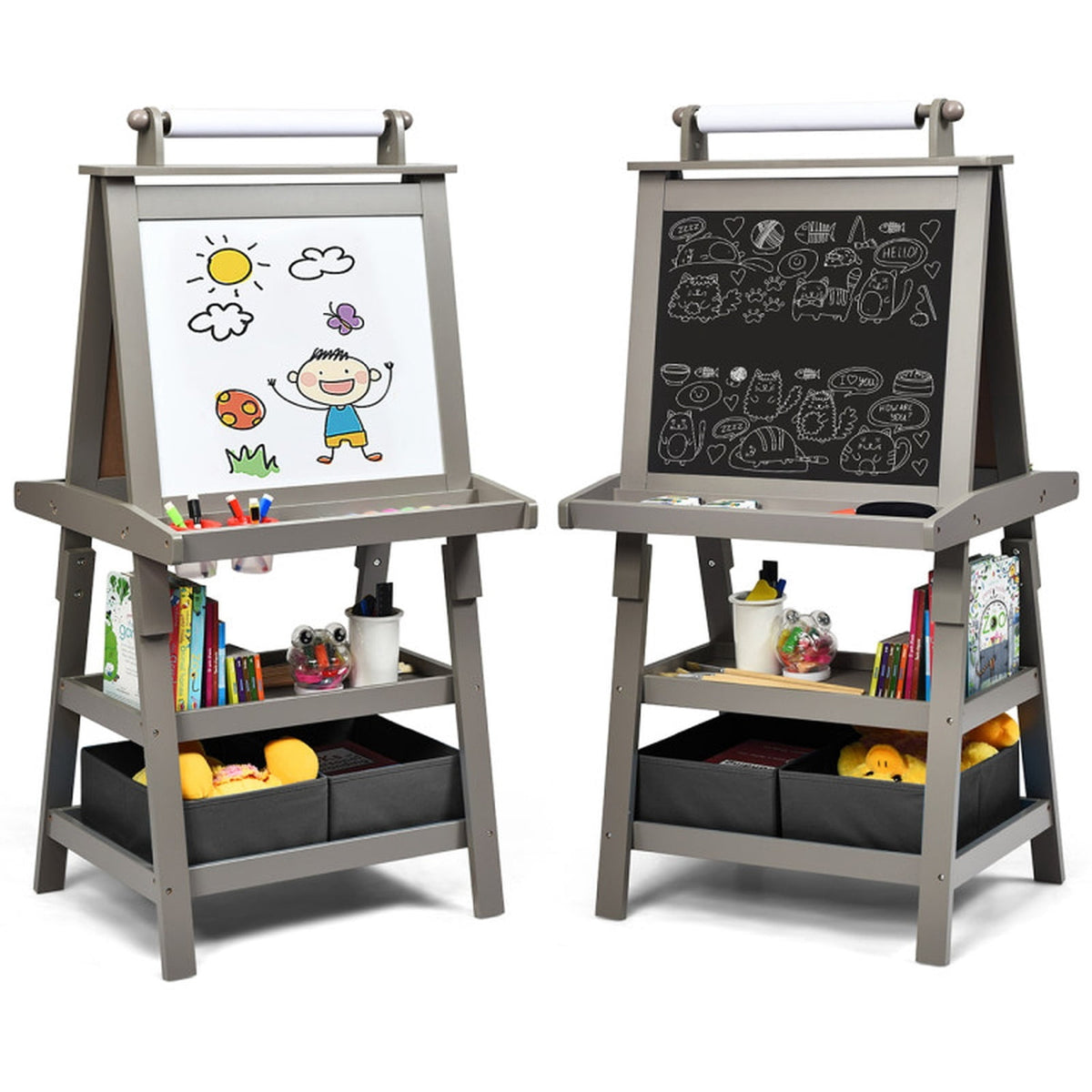 Redsmile 3-in-1 Double-Sided Kids Art Easel with Paper Roll and Storage Bins, Art Easel for Kids, Standing Easel, Double Sided Easel for Toddlers Boys Girls, Christmas Birthday Gift, Gray