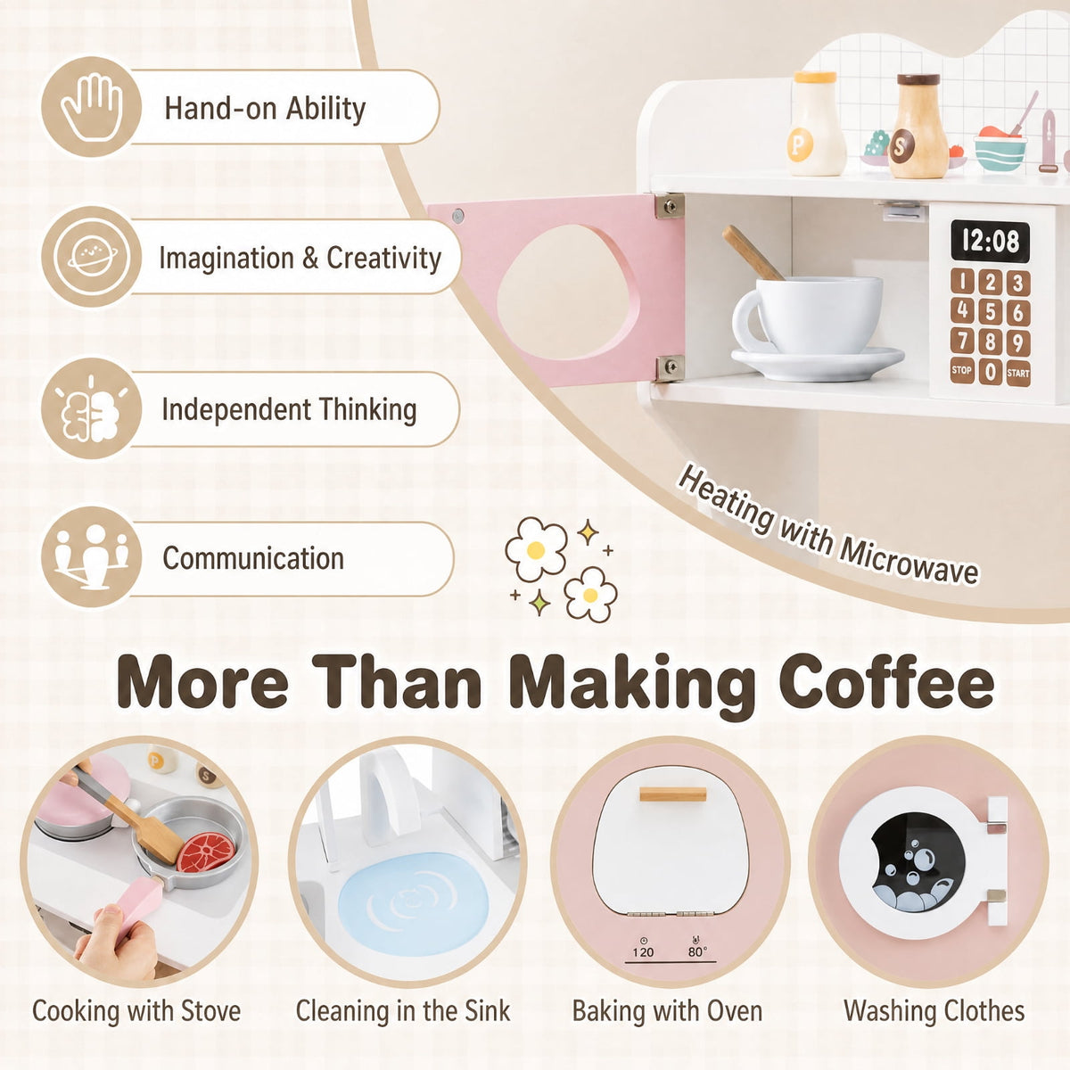Redsmile Wooden Kids Kitchen Playset for Toddlers 3+ Years, Pretend Play Kitchen with Coffee Maker, Microwave, Oven, Stove, Sink and Washing Machine, Click-Sound Knobs, Christmas Gift, Pink