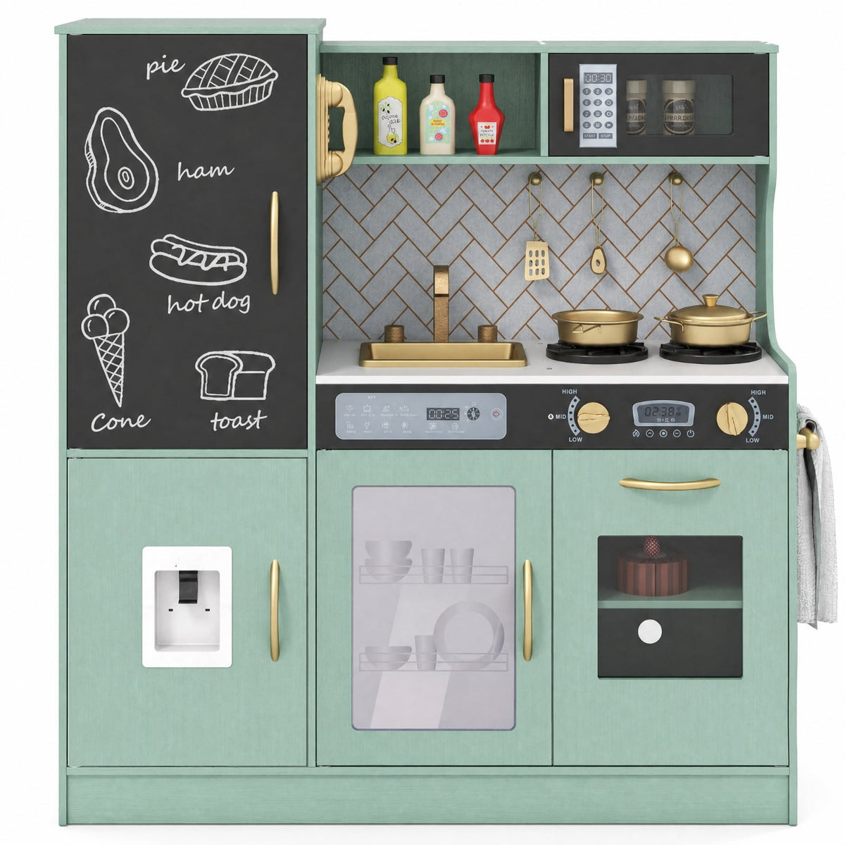 Redsmile Pretend Play Kitchen for Kids with Lights and Sounds, Wooden Play Kitchen Set with Dishwasher Oven Microwave Sink Faucet Water Dispenser and Utensils, Toddler Playset, Green