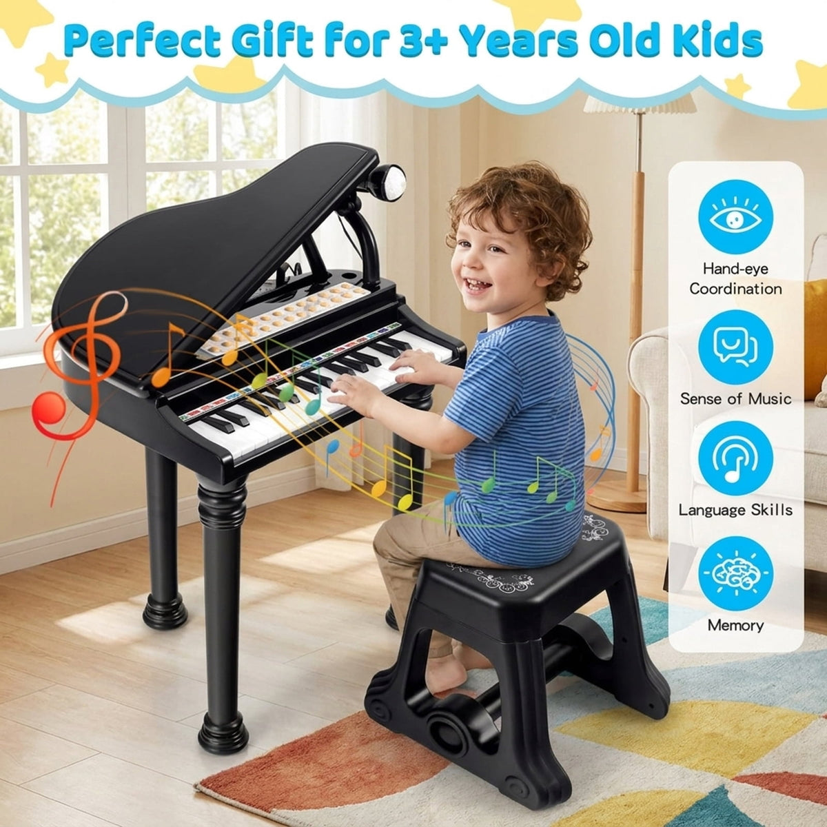 Redsmile 31-Key Kids Piano Keyboard with LED Light-Up Keys and Microphone for Beginners and Young Musicians, Black