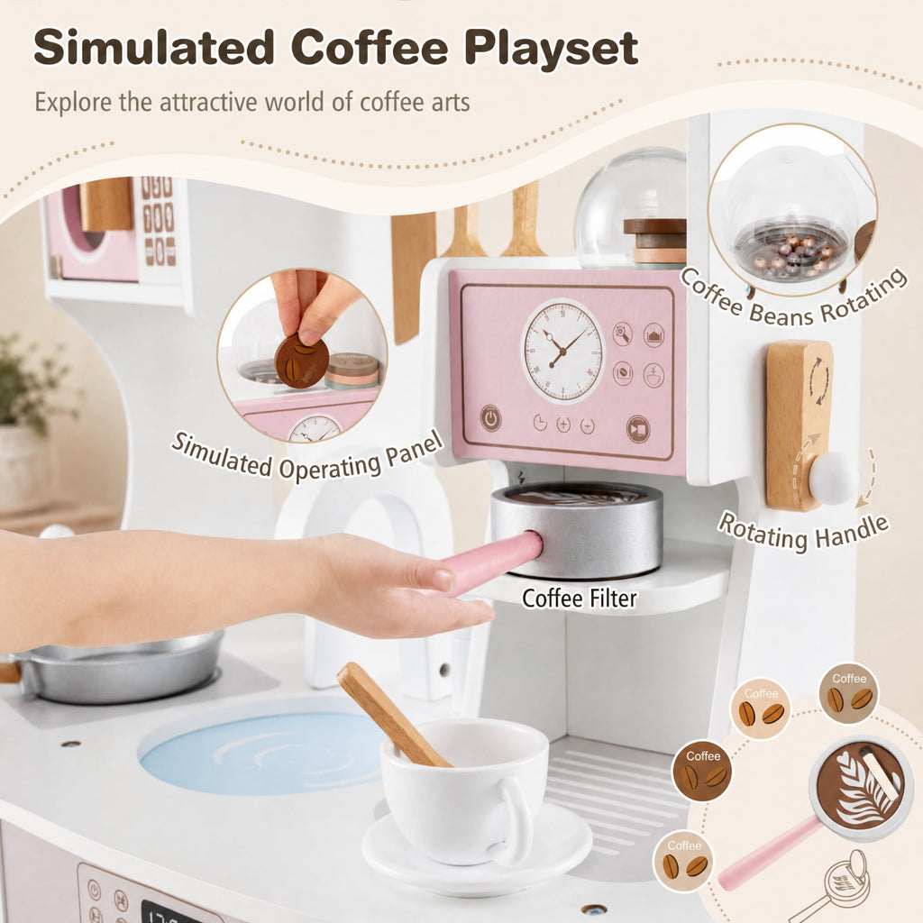 Redsmile Wooden Kids Kitchen Playset for Toddlers 3+ Years, Pretend Play Kitchen with Coffee Maker, Microwave, Oven, Stove, Sink and Washing Machine, Click-Sound Knobs, Christmas Gift, Pink