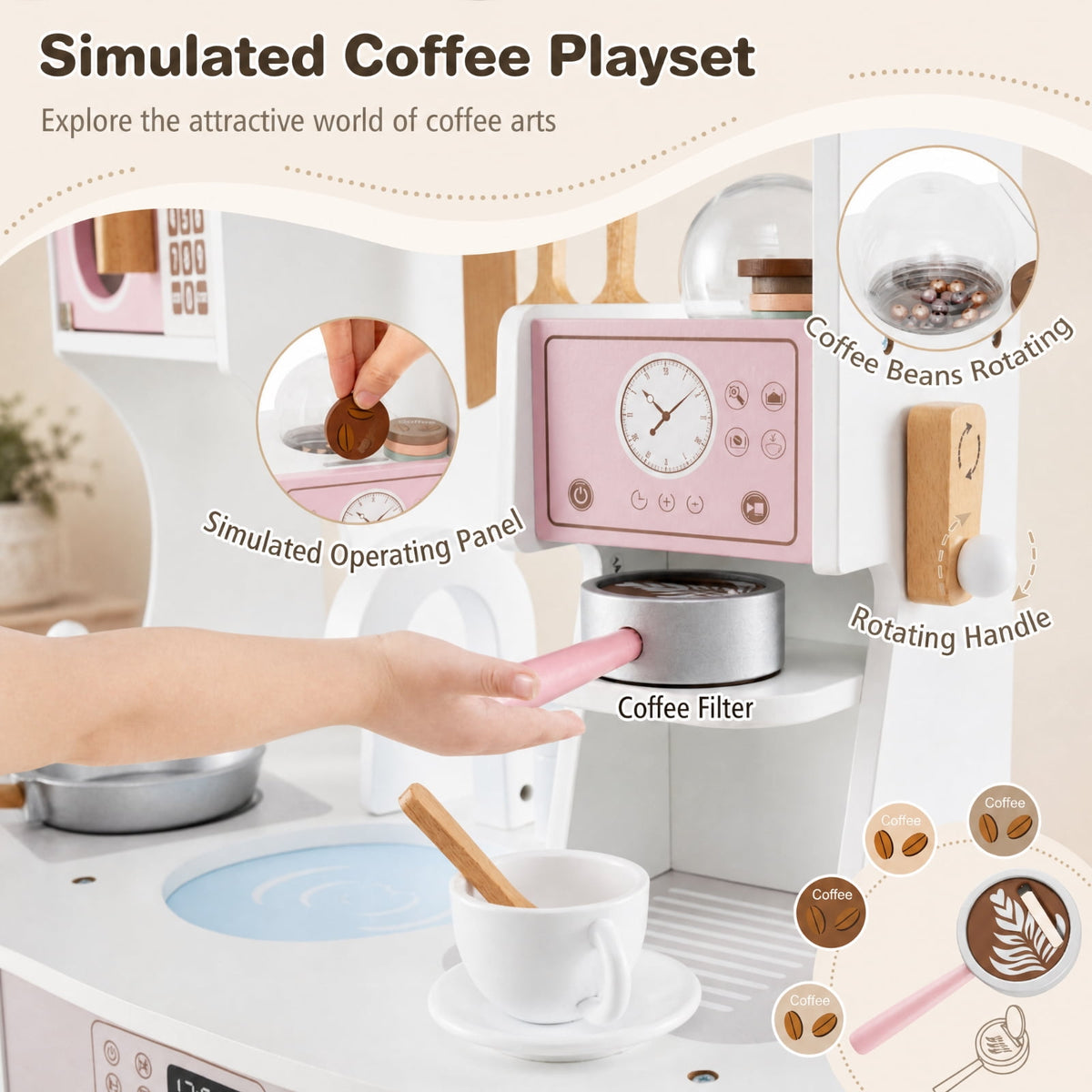 Redsmile Wooden Kids Kitchen Playset for Toddlers 3+ Years, Pretend Play Kitchen with Coffee Maker, Microwave, Oven, Stove, Sink and Washing Machine, Click-Sound Knobs, Christmas Gift, Pink