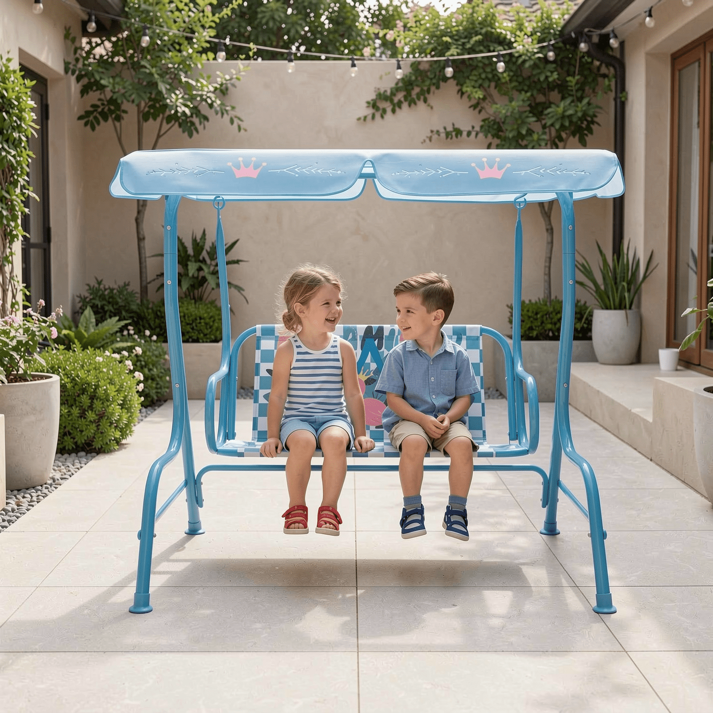 Redsmile 2-Seater Kids Patio Swing with Metal Stand and Adjustable Canopy - Navy Blue - Backyard Play