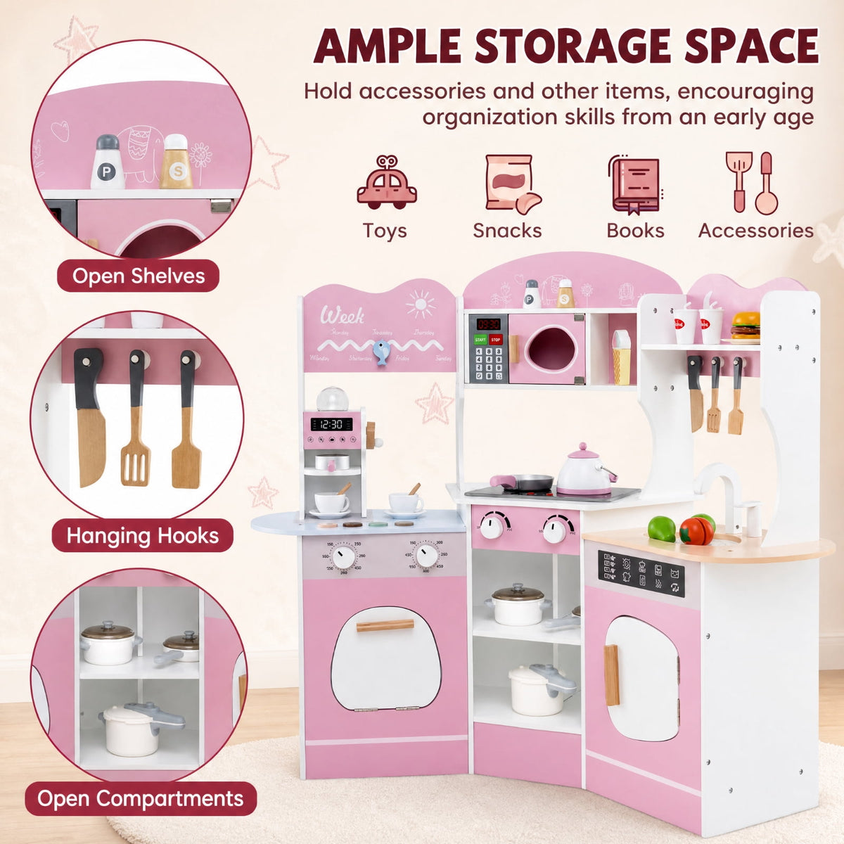 Redsmile Corner Wooden Play Kitchen Set for Kids 3+ Years, Pretend Play Kitchen with Coffee Machine, Slide, Light-Up Microwave, Stoves, Washing Machine and 20 Accessories, Pink